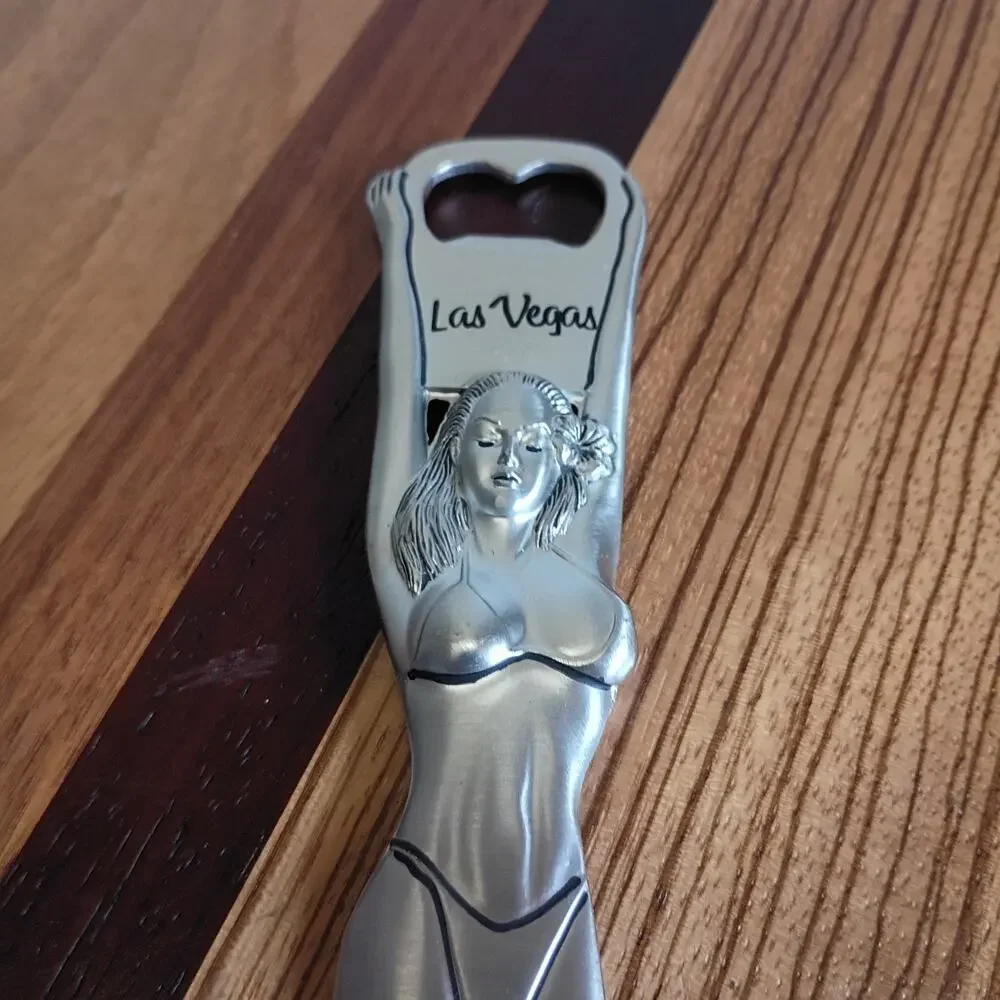 Vintage Pewter Like Metal Las Vegas Bikini, Clad Woman Bottle Opener 8.5” X 2”